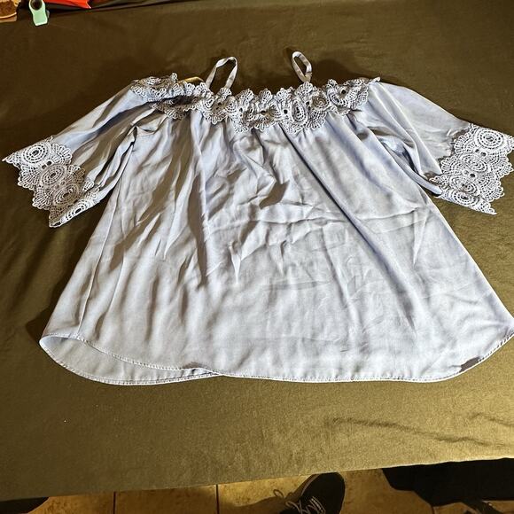 Iz Byer Off-shoulder Light Blue Ramie Dress W/ Eyelit Crochet Lace Trim Size L - Picture 1 of 6